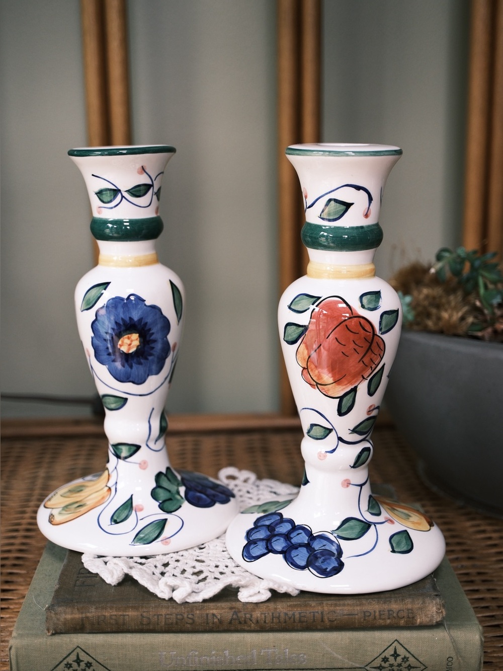 Vintage Hand-Painted Ceramic Candlestick Holders – Set of 2